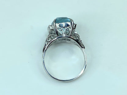 Vintage 1960's 5.88ct Cushion Cut Aquamarine Ring with Diamonds in 18K JR604