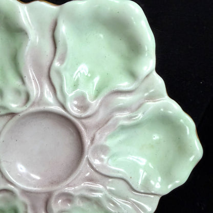 Antique French Majolica Pastel Pink Green Six-Well Oyster Plate Unmarked A1136