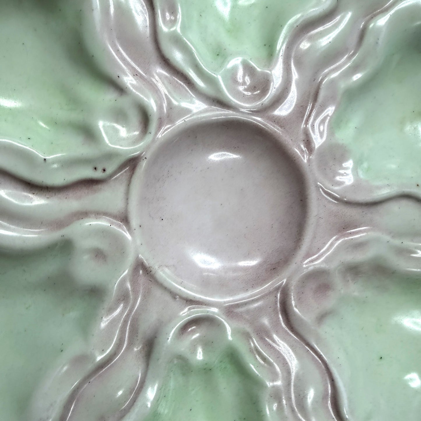 Antique French Majolica Pastel Pink Green Six-Well Oyster Plate Unmarked A1136