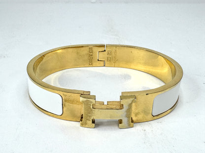 Vintage Hermès Clic H White Enamel Gold Plated Bangle Bracelet GM France GS877