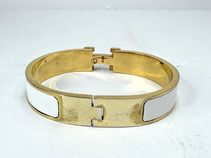 Vintage Hermès Clic H White Enamel Gold Plated Bangle Bracelet GM France GS877