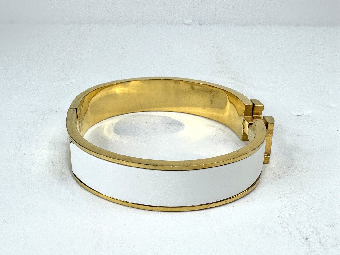 Vintage Hermès Clic H White Enamel Gold Plated Bangle Bracelet GM France GS877