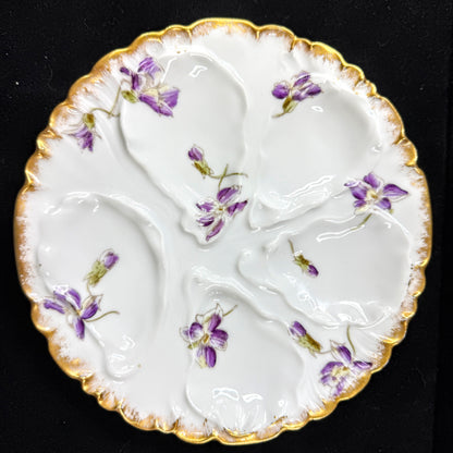 Antique GDA Limoges France Purple Violet Floral Scalloped Oyster Plate A1139