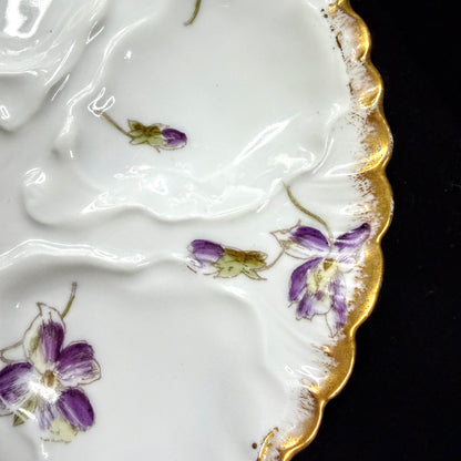 Antique GDA Limoges France Purple Violet Floral Scalloped Oyster Plate A1139
