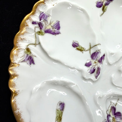 Antique GDA Limoges France Purple Violet Floral Scalloped Oyster Plate A1139