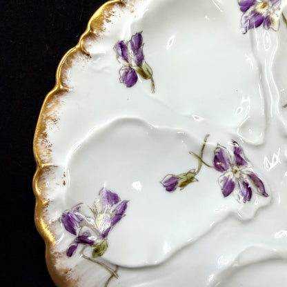Antique GDA Limoges France Purple Violet Floral Scalloped Oyster Plate A1139