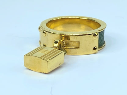 Hermes Gold Plated and Green Leather Kelly Lock Scarf Ring 13.1g GS478