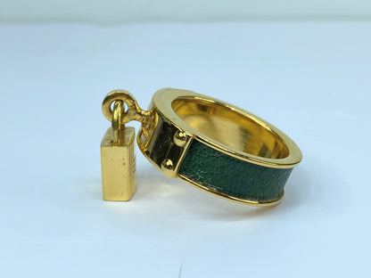 Hermes Gold Plated and Green Leather Kelly Lock Scarf Ring 13.1g GS478