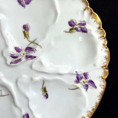 Antique GDA Limoges France Purple Violet Floral Scalloped Oyster Plate A1139