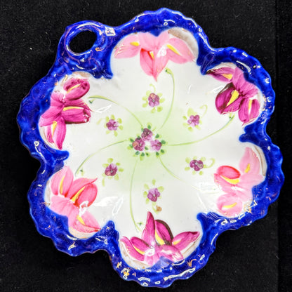 Antique Hand Painted Porcelain Oyster Plate Cobalt Floral Scalloped Dish A1140