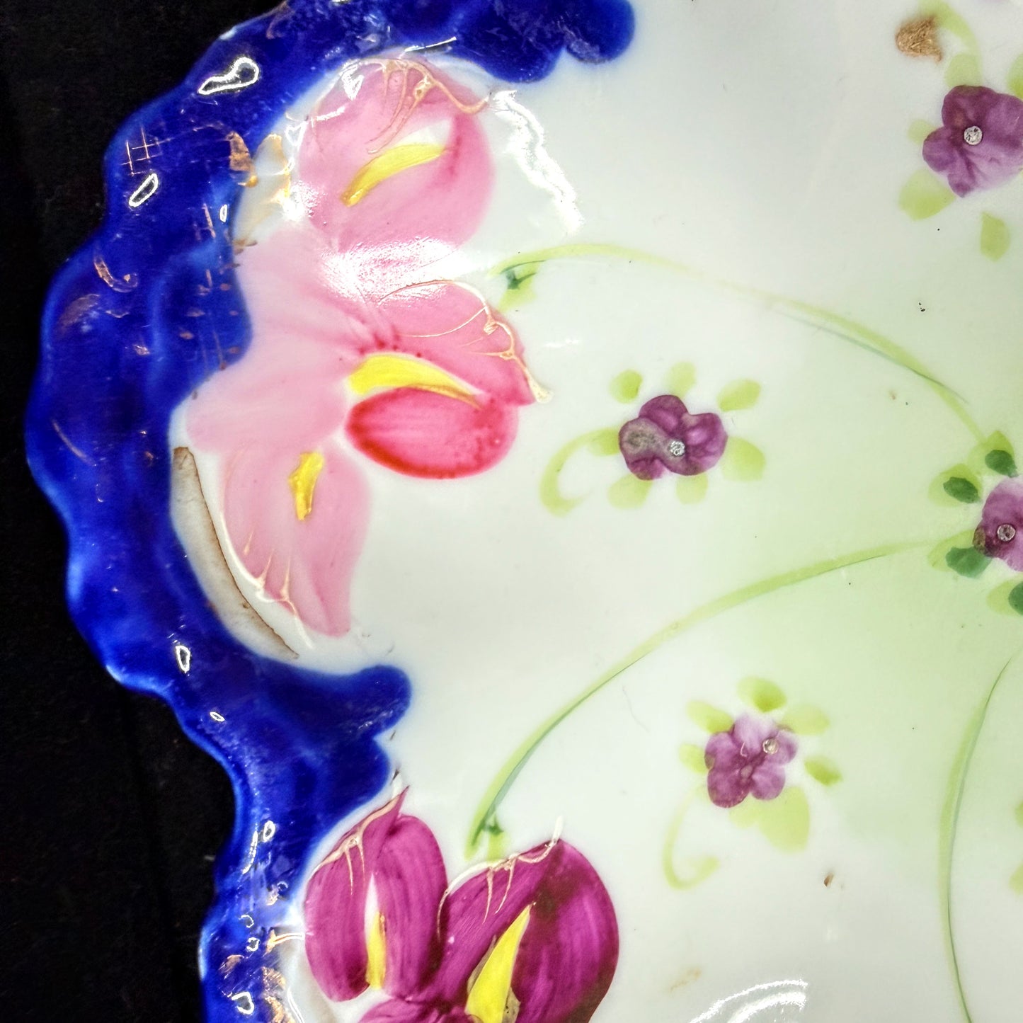 Antique Hand Painted Porcelain Oyster Plate Cobalt Floral Scalloped Dish A1140