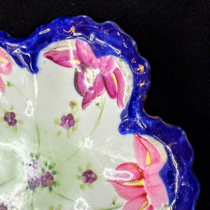 Antique Hand Painted Porcelain Oyster Plate Cobalt Floral Scalloped Dish A1140
