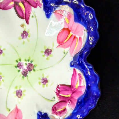 Antique Hand Painted Porcelain Oyster Plate Cobalt Floral Scalloped Dish A1140