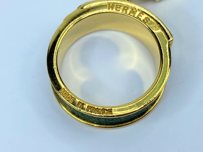Hermes Gold Plated and Green Leather Kelly Lock Scarf Ring 13.1g GS478