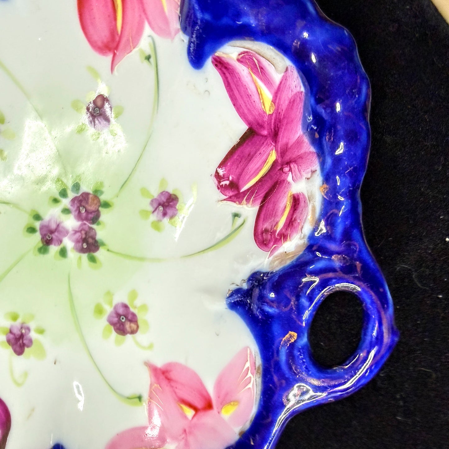 Antique Hand Painted Porcelain Oyster Plate Cobalt Floral Scalloped Dish A1140