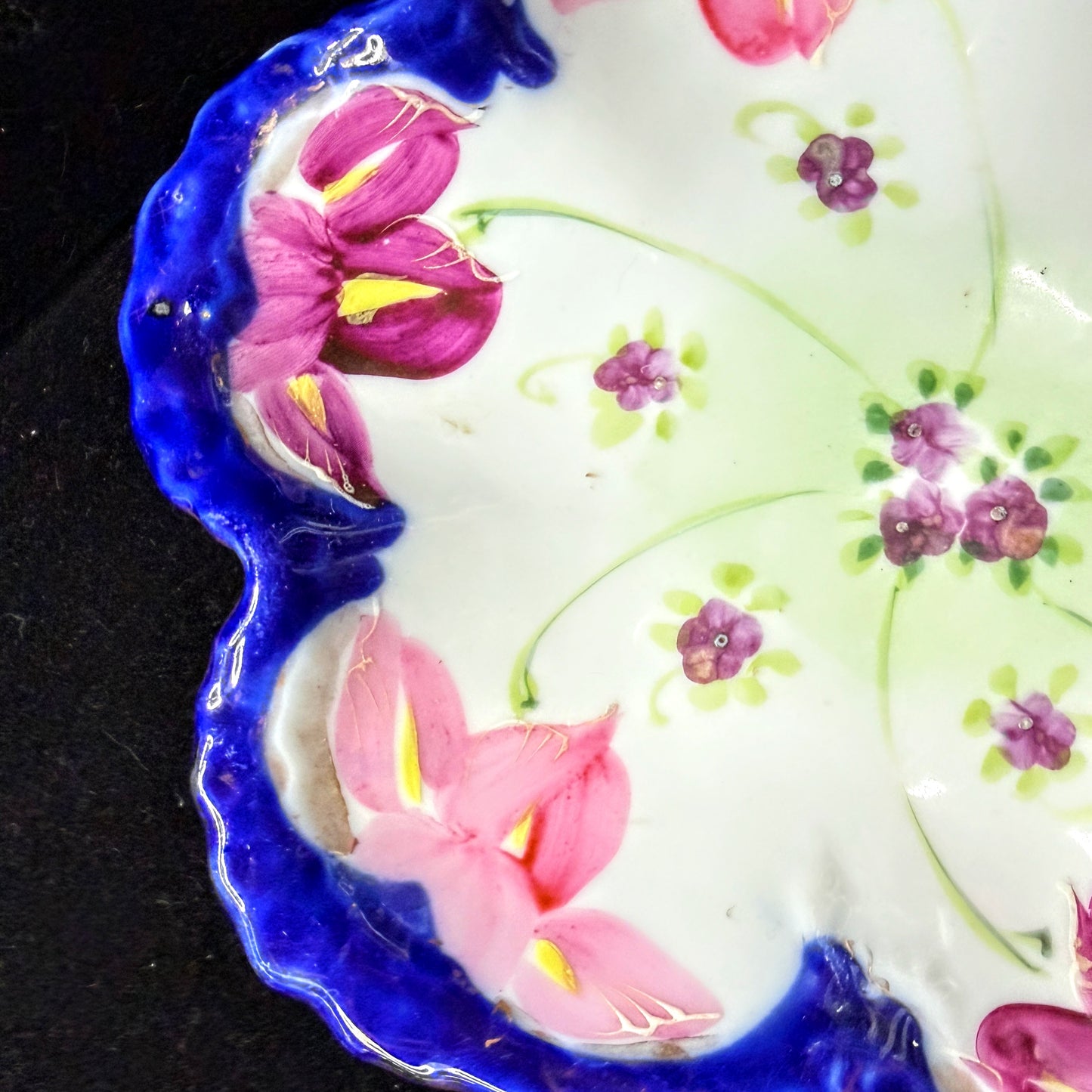 Antique Hand Painted Porcelain Oyster Plate Cobalt Floral Scalloped Dish A1140