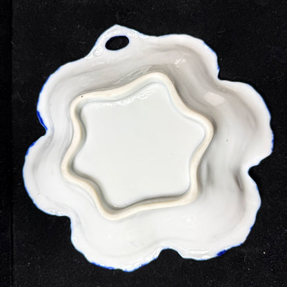 Antique Hand Painted Porcelain Oyster Plate Cobalt Floral Scalloped Dish A1140