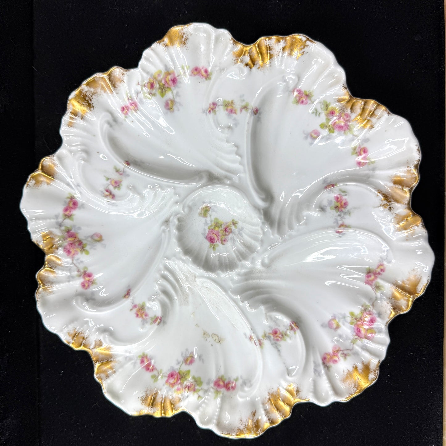 Antique Limoges France rose floral scalloped porcelain oyster plate gilt A1141