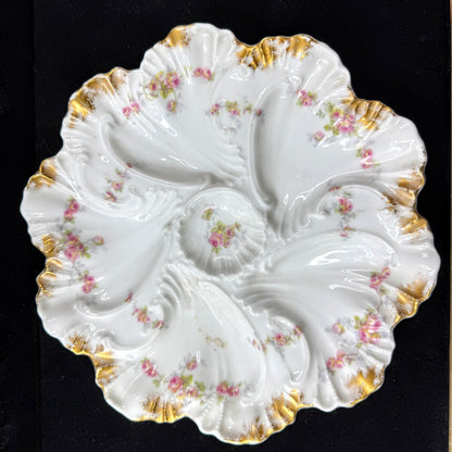 Antique Limoges France rose floral scalloped porcelain oyster plate gilt A1141