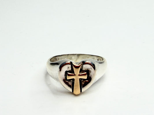 vintage James Avery Sterling Silver Heart Cross Ring 14K Gold with box JR1240