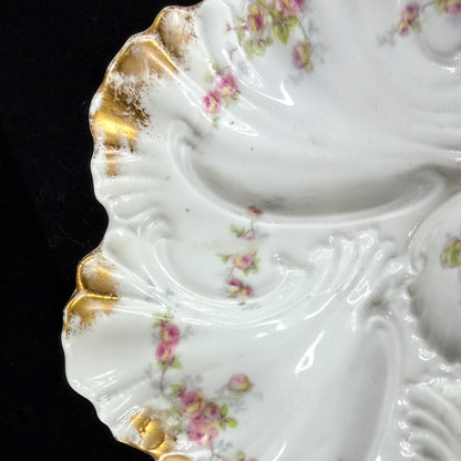 Antique Limoges France rose floral scalloped porcelain oyster plate gilt A1141
