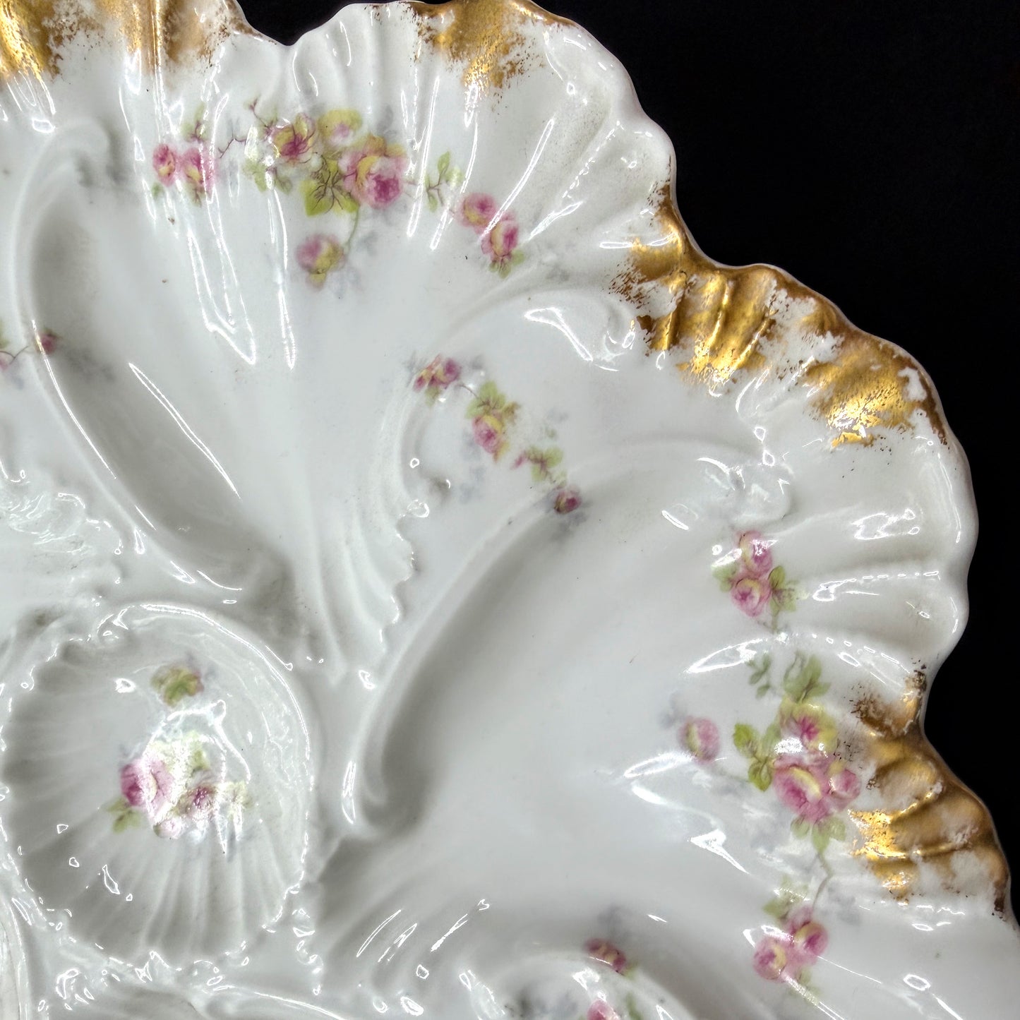 Antique Limoges France rose floral scalloped porcelain oyster plate gilt A1141