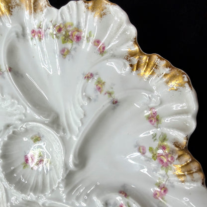 Antique Limoges France rose floral scalloped porcelain oyster plate gilt A1141