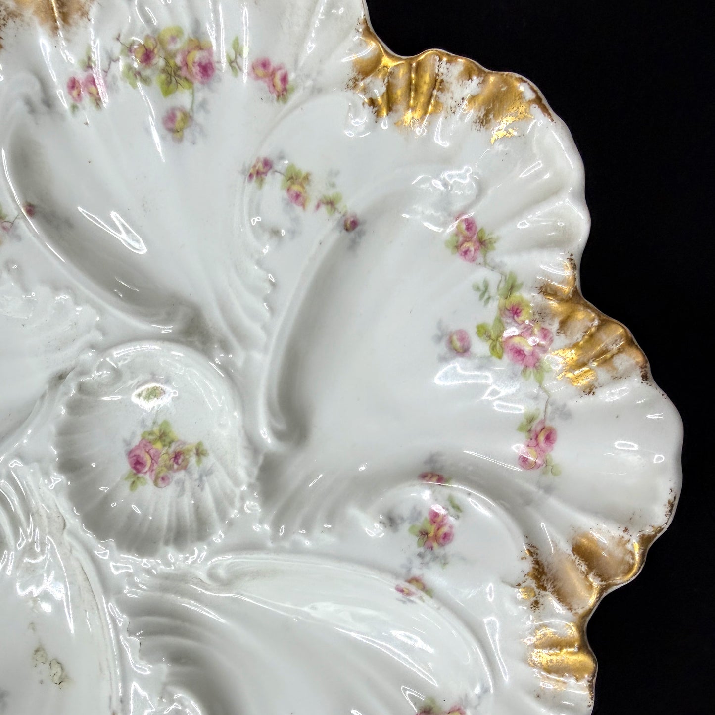 Antique Limoges France rose floral scalloped porcelain oyster plate gilt A1141
