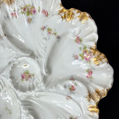 Antique Limoges France rose floral scalloped porcelain oyster plate gilt A1141