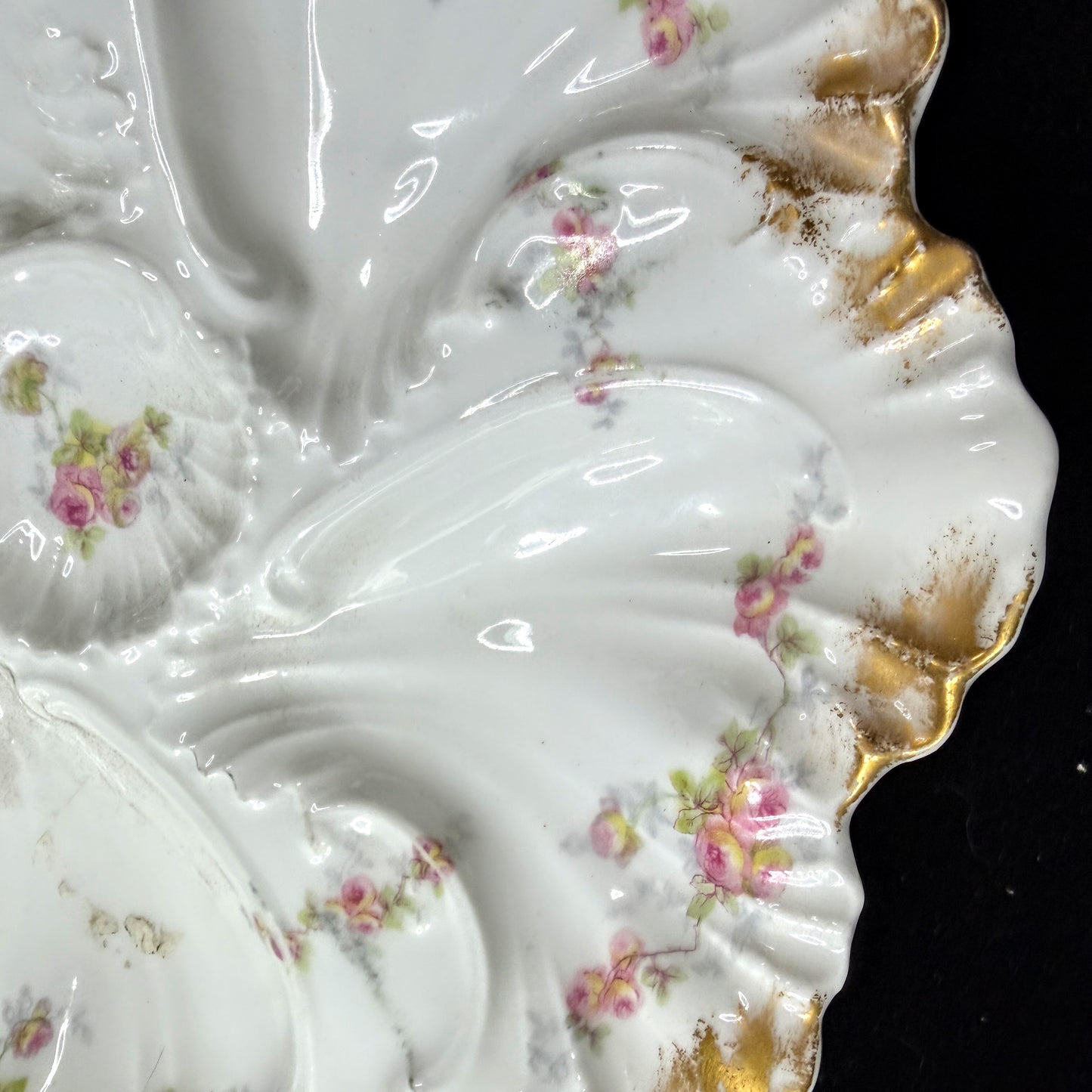 Antique Limoges France rose floral scalloped porcelain oyster plate gilt A1141