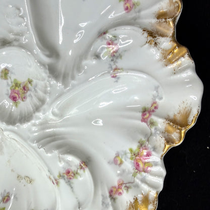 Antique Limoges France rose floral scalloped porcelain oyster plate gilt A1141