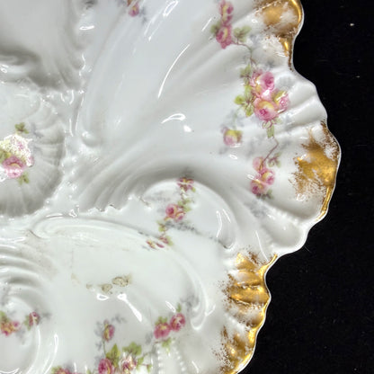Antique Limoges France rose floral scalloped porcelain oyster plate gilt A1141