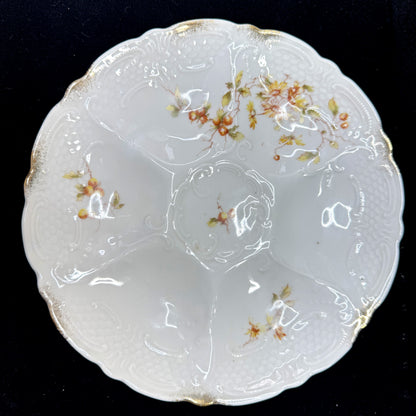 Antique Weimar Germany Fine Porcelain 5-Well Berry Oyster Plate Gold Trim A1164