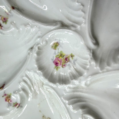 Antique Limoges France rose floral scalloped porcelain oyster plate gilt A1141