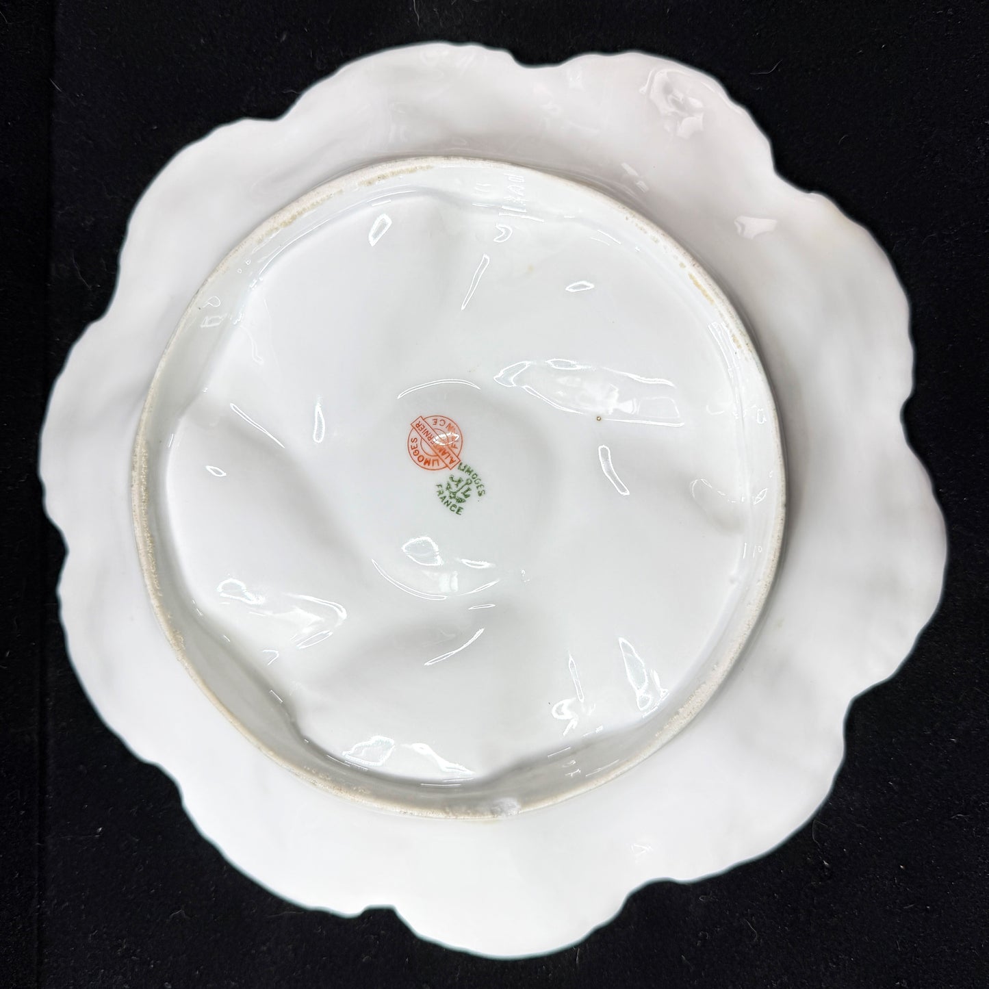 Antique Limoges France rose floral scalloped porcelain oyster plate gilt A1141