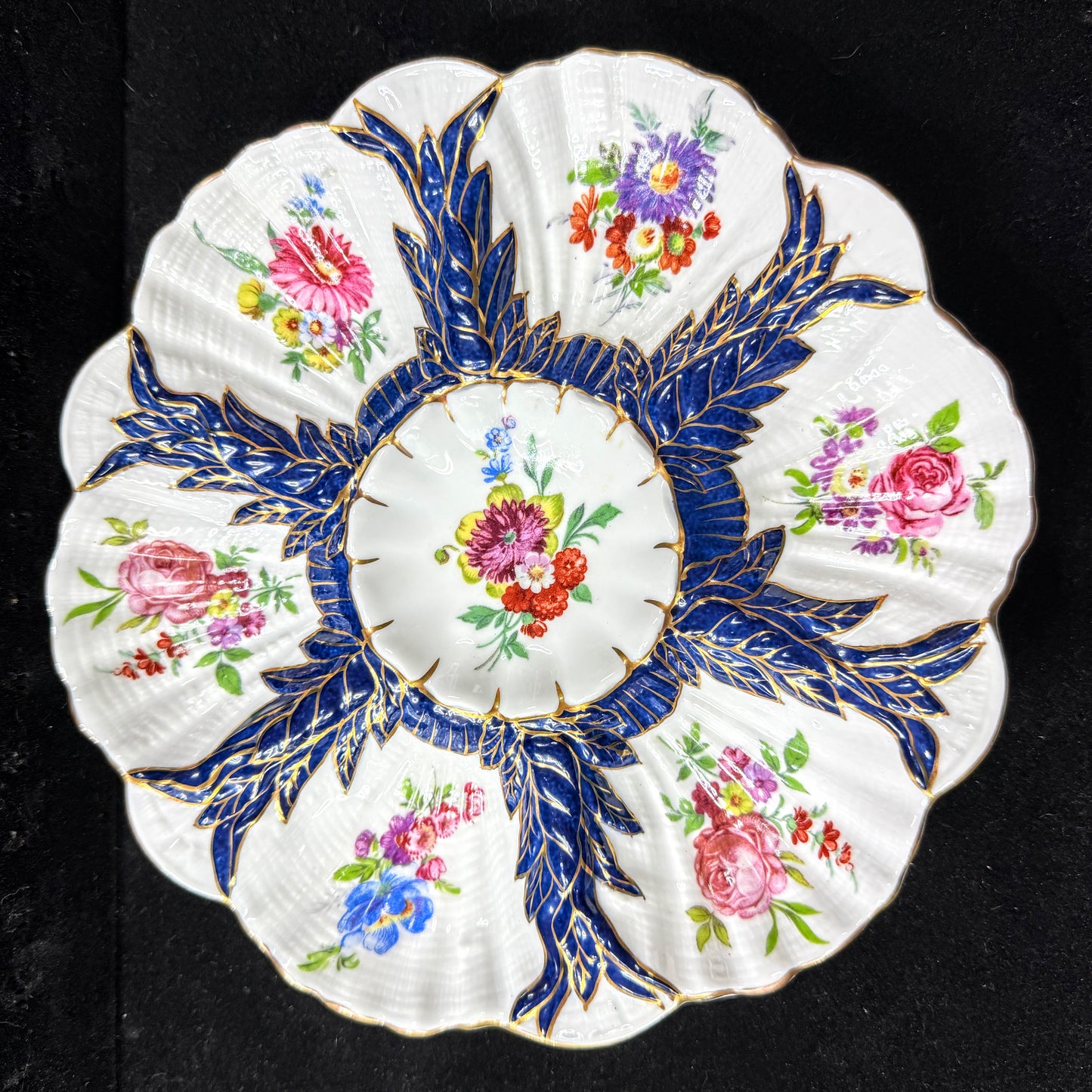 Antique Limoges France fine cobalt blue gilt floral scalloped oyster plate A1142
