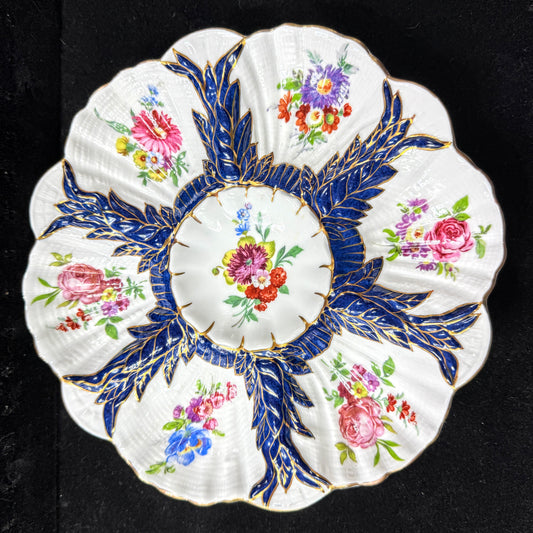 Antique Limoges France fine cobalt blue gilt floral scalloped oyster plate A1142
