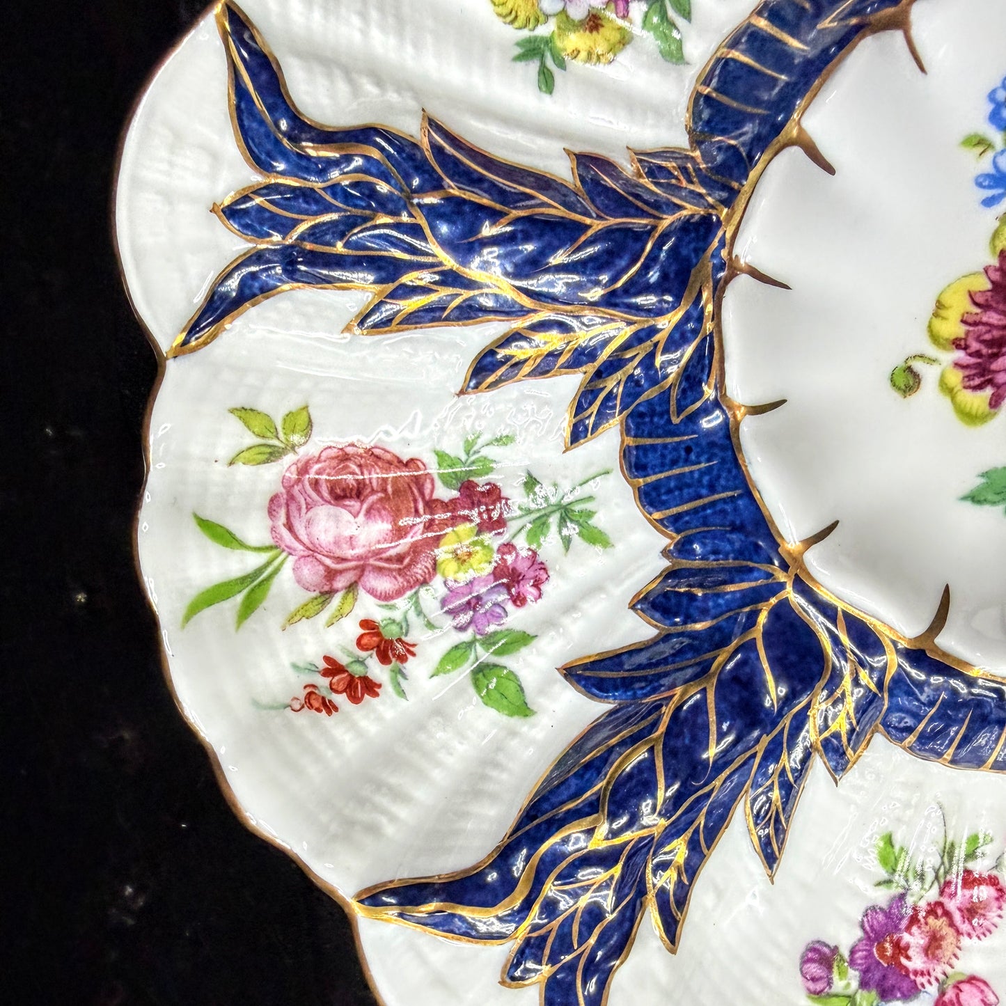 Antique Limoges France fine cobalt blue gilt floral scalloped oyster plate A1142
