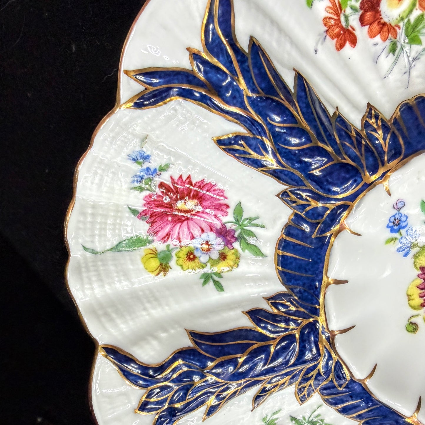 Antique Limoges France fine cobalt blue gilt floral scalloped oyster plate A1142