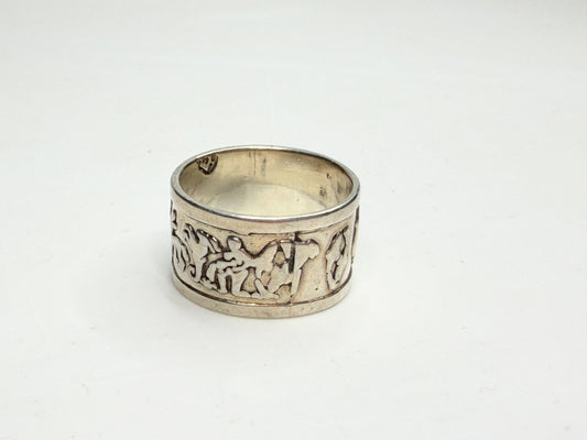 Vintage Mexican Sterling Silver Zodiac Horoscope Wide Band Ring 925 JR1242