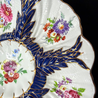 Antique Limoges France fine cobalt blue gilt floral scalloped oyster plate A1142