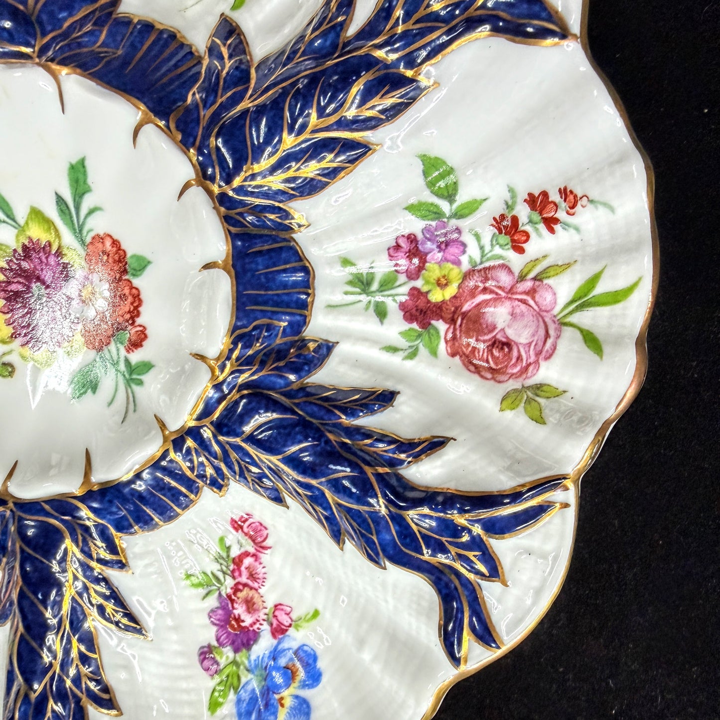 Antique Limoges France fine cobalt blue gilt floral scalloped oyster plate A1142