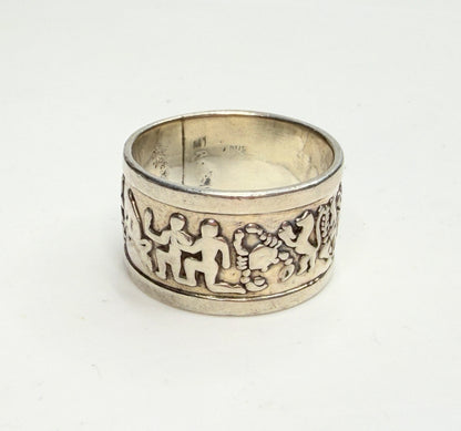 Vintage Mexican Sterling Silver Zodiac Horoscope Wide Band Ring 925 JR1242