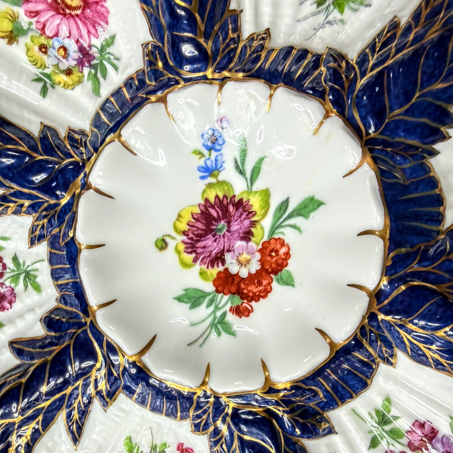 Antique Limoges France fine cobalt blue gilt floral scalloped oyster plate A1142