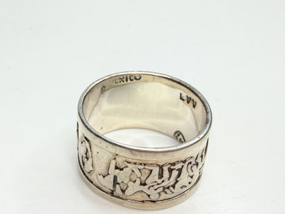 Vintage Mexican Sterling Silver Zodiac Horoscope Wide Band Ring 925 JR1242