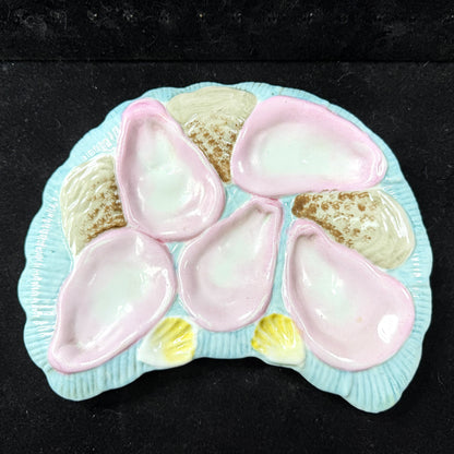 Antique Victorian French Majolica Crescent Oyster Plate Pink Turquoise, A1143
