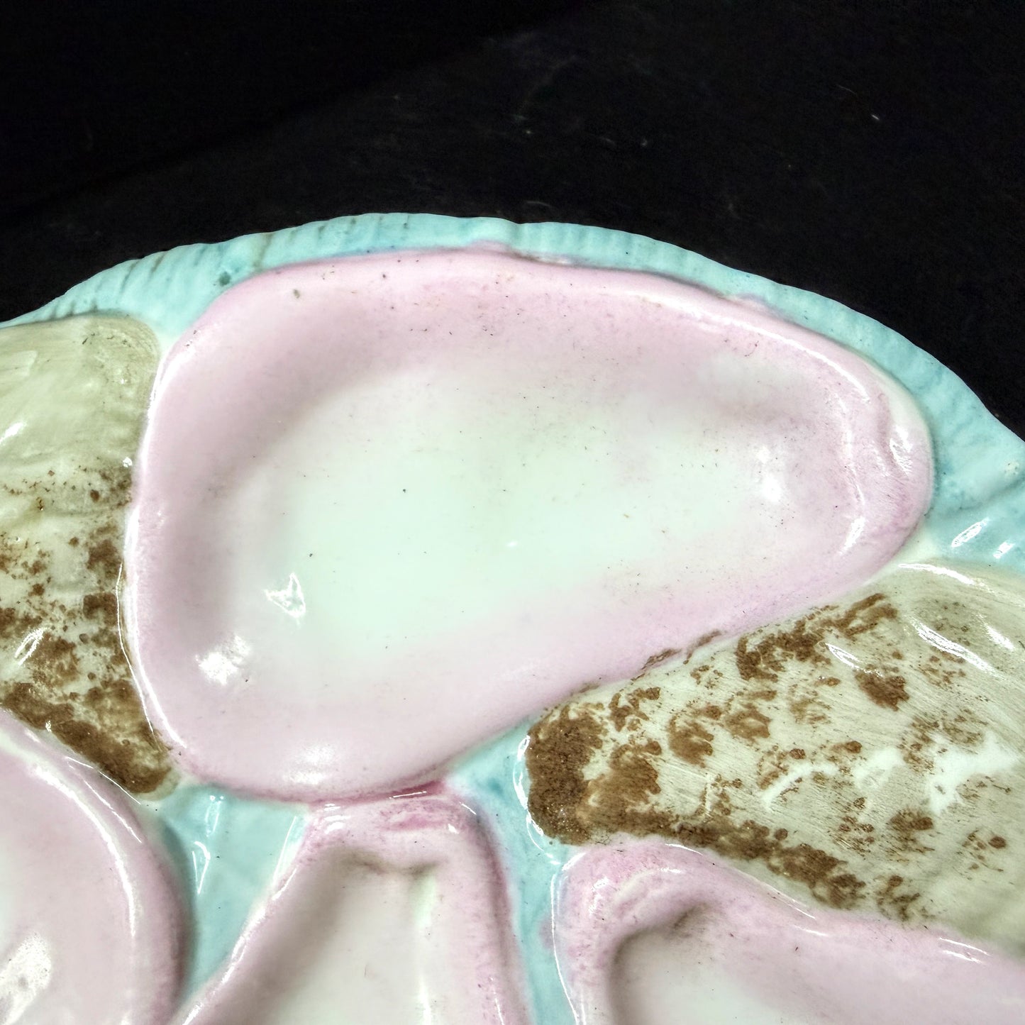 Antique Victorian French Majolica Crescent Oyster Plate Pink Turquoise, A1143