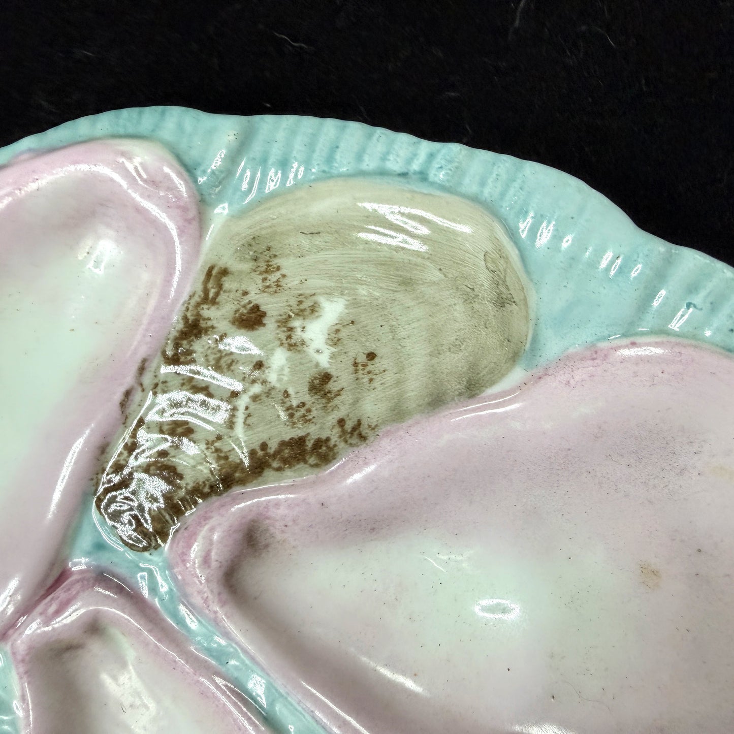 Antique Victorian French Majolica Crescent Oyster Plate Pink Turquoise, A1143