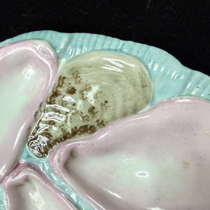 Antique Victorian French Majolica Crescent Oyster Plate Pink Turquoise, A1143