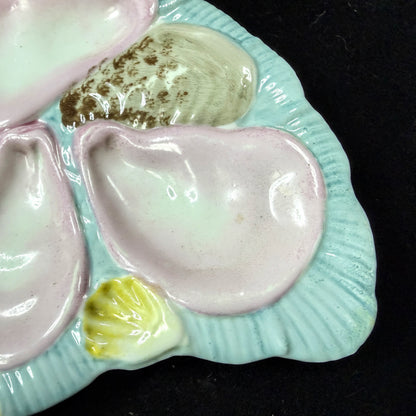 Antique Victorian French Majolica Crescent Oyster Plate Pink Turquoise, A1143